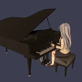 Anime Girl With White Hair And Yellow Eyes Playing Piano On Dark Blue Background