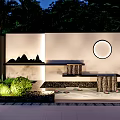 White Wall Design With Black Accent Circular Ornament Waterfall Feature And Stone Platform 3d model