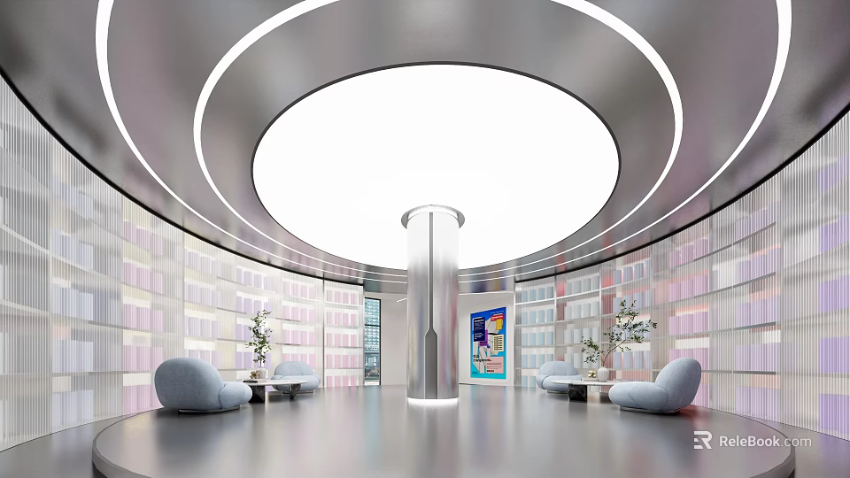 Modern Interior Space With Circular Ceiling Light Bookshelves Central Column And Sofas 3d model 