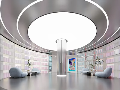 Modern Interior Space With Circular Ceiling Light Bookshelves Central Column And Sofas 3d model