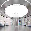 Modern Interior Space With Circular Ceiling Light Bookshelves Central Column And Sofas