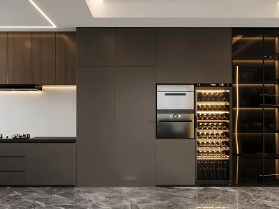 Modern Kitchen Featuring Dark Cabinets Luxury Glass Door Wine Cabinet LED Lighting And Wine Racks 3d model