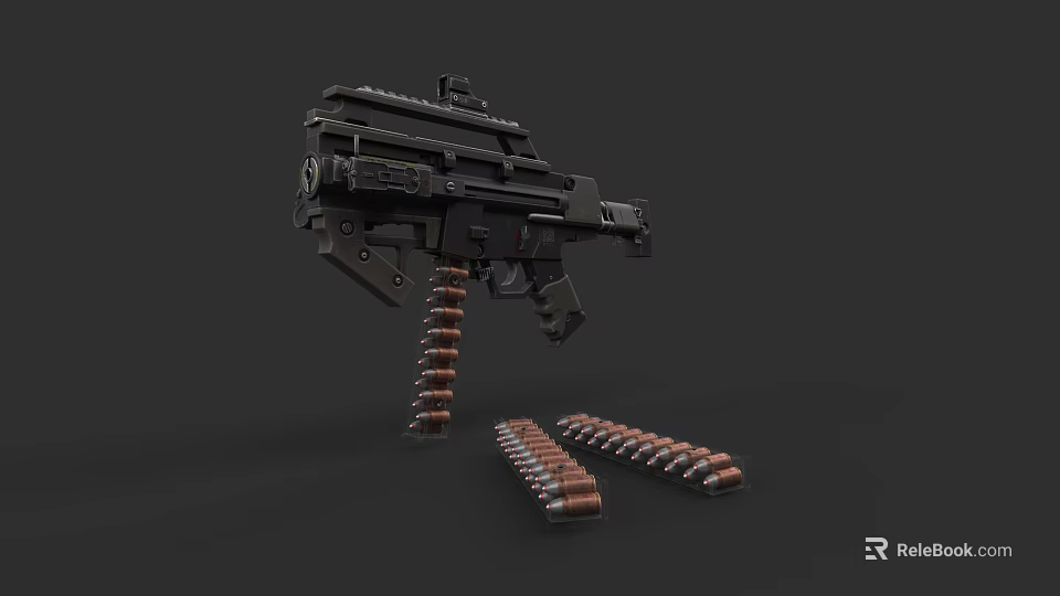 Modern Tactical Weapon Black Machine Gun Design With Ammunition Belt And Scattered Bullets 3d model 