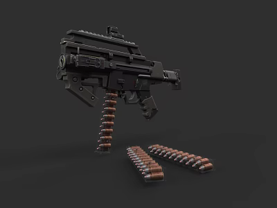 Modern Tactical Weapon Black Machine Gun Design With Ammunition Belt And Scattered Bullets 3d model