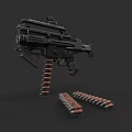 Modern Tactical Weapon Black Machine Gun Design With Ammunition Belt And Scattered Bullets