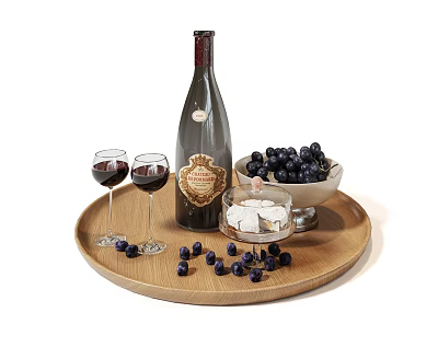 Stylish Wine Bottle and Wine Glasses on Wooden Tray with Black Grapes and Cheese 3d model