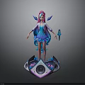 Futuristic Speaker Platform With Pink Haired Character Blue Outfit Wings And Microphone