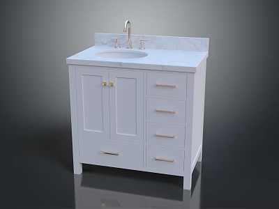 Modern White Bathroom Vanity With Marble Countertop Gold Handles And Faucet 3d model