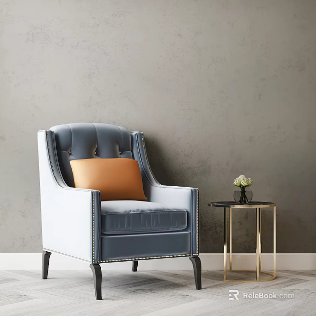Light Blue Single Sofa With Orange Cushion And Small Side Table By Grey Wall 3d model