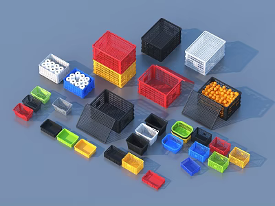 Colorful Plastic Storage Baskets And Containers In Various Sizes For Household Organization 3d model