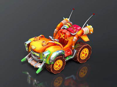 Colorful Cartoon Toy Car With Orange Yellow Green Wheels And Antennas 3d model
