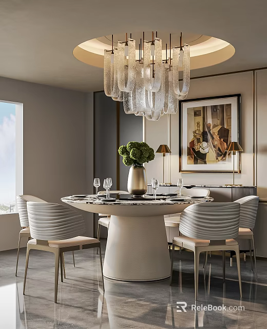 Elegant Restaurant Dining Area With Round Marble Table Chandelier Green Plant Artwork And Stylish Chairs 3d model 