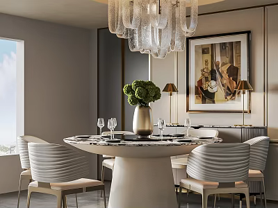 Elegant Restaurant Dining Area With Round Marble Table Chandelier Green Plant Artwork And Stylish Chairs 3d model