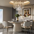 Elegant Restaurant Dining Area With Round Marble Table Chandelier Green Plant Artwork And Stylish Chairs
