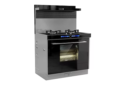 Modern Stainless Steel Integrated Cooker With Gas Burners Range Hood And Oven 3d model