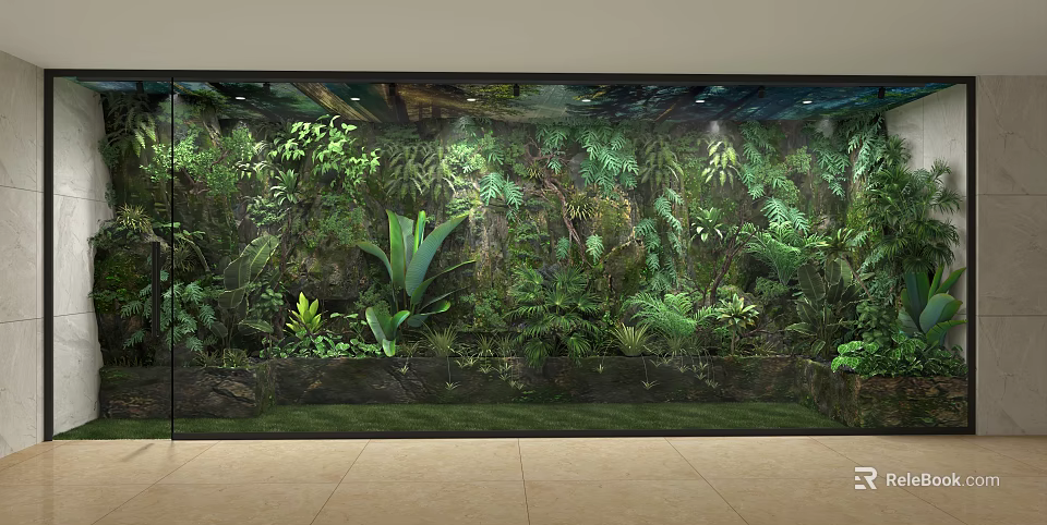 Indoor Living Wall Design With Lush Green Ferns Leafy Vegetation And Lighting 3d model 