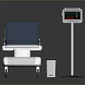 Medical Examination Bed With Blue Mattress White Frame And Digital Display On Wheels