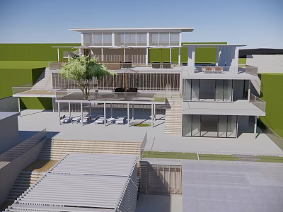 Modern Bed and Breakfast Building with Multi Story Design Large Windows and Lush Greenery Terrace 3d model