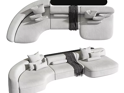 Modern Curved White Sectional Sofa With Soft Throw Pillows And Blanket 3d model