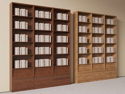 Brown and Light Brown Wooden Bookcases with Multiple Shelves Filled with Books and Bottom Drawers 3d model