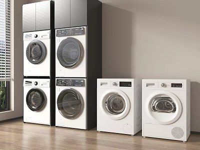 Modern Stacked and Standalone Washing Machines in Home Laundry Room Setup 3d model