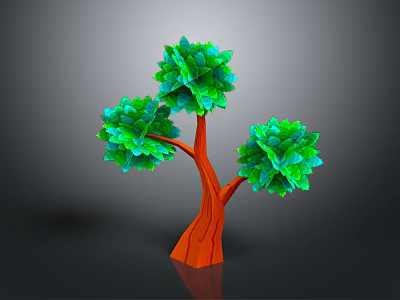 3D Styled Tree with Orange Textured Trunk and Three Green Leafy Crowns Against Gray Background 3d model