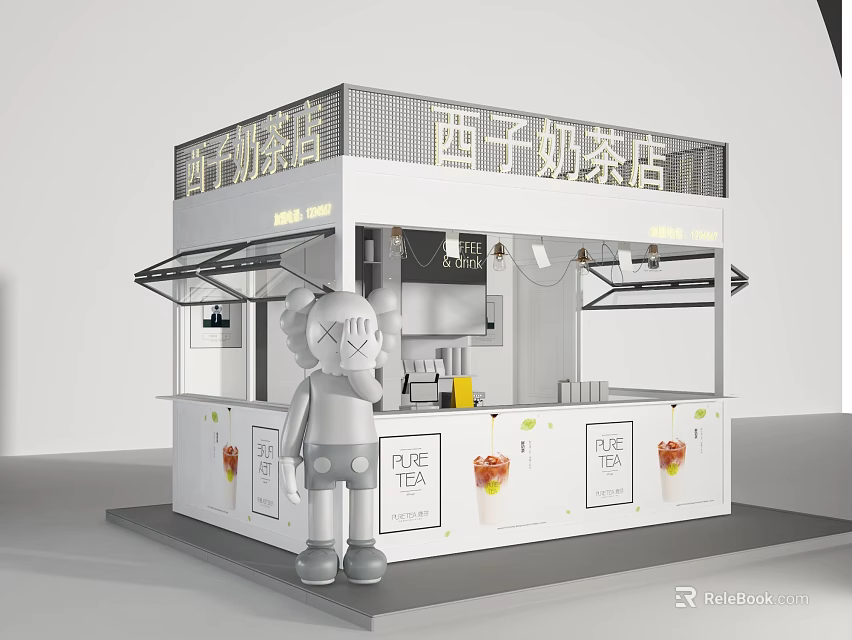 Xizi Milk Tea Shop Modern Kiosk Design With Cartoon Figure And Drink Displays 3d model 