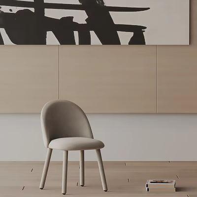 Light Gray Upholstered Accent Chair With Beige Wall And Wooden Floor In Modern Interior 3d model