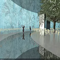 Blue Curved Wall Interior Installation With Tree Patterns Reflective Floor And People 3d model