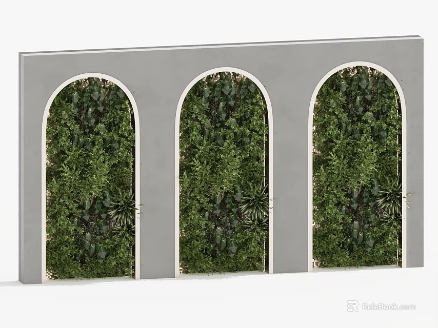 Three Arched Green Wall Design With Lush Green Plants And Gray Frame 3d model 