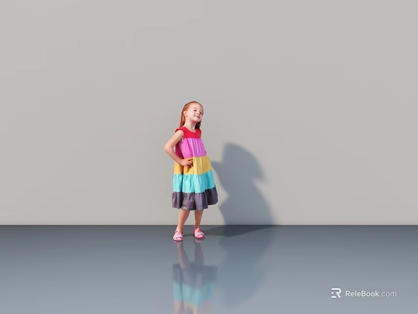 Little Girl In Colorful Striped Dress Standing On Gray Floor With Shadow And Reflection 3d model 