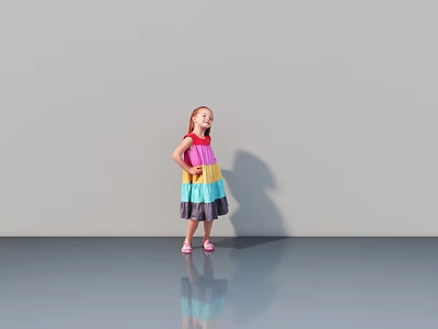 Little Girl In Colorful Striped Dress Standing On Gray Floor With Shadow And Reflection 3d model