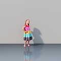 Little Girl In Colorful Striped Dress Standing On Gray Floor With Shadow And Reflection