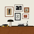 Framed Abstract Paintings on Wall with Various Designs and Interior Elements Table Lamp Record Player 3d model