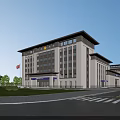 Modern Office Building Exterior With Light Colored Facade Lawn Trees And Road