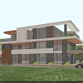 Modern Detached Villa Exterior Design With Large Glass Windows Lawn And Trees