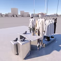 Clothing Store Display With Mannequins Hanging Clothes And Shoes On Table