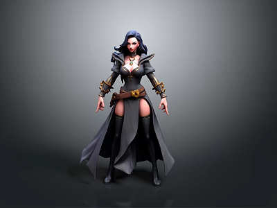 Fantasy Woman With Blue Hair Black Robe Belt And Knee High Boots 3d model