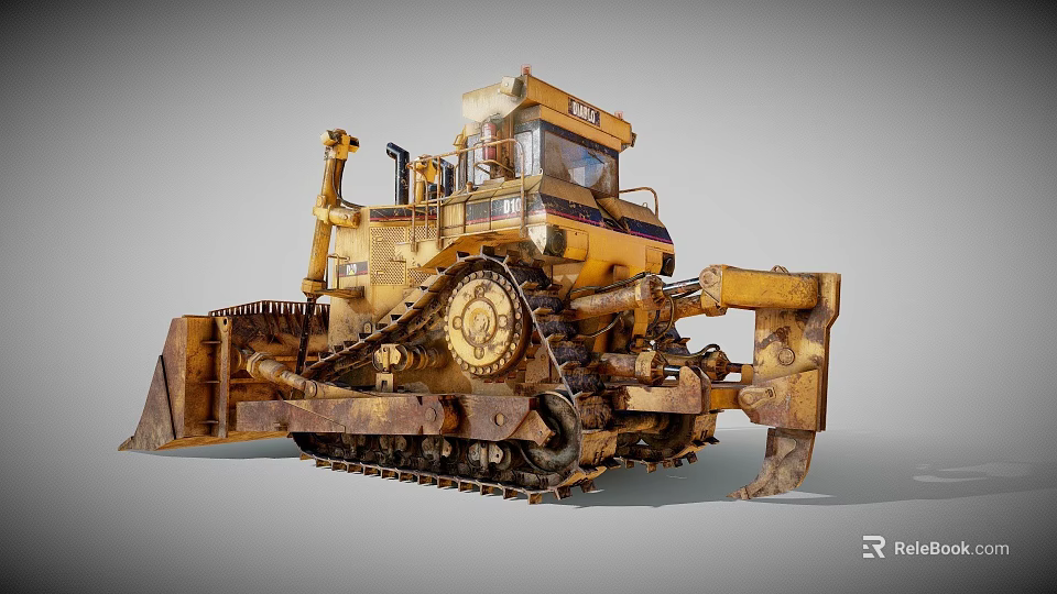 Yellow Rusty Heavy Duty Bulldozer Construction Vehicle With Large Tracks And Blade 3d model 
