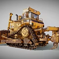 Yellow Rusty Heavy Duty Bulldozer Construction Vehicle With Large Tracks And Blade