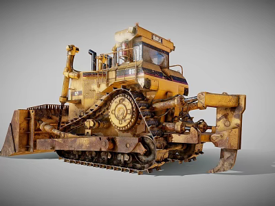Yellow Rusty Heavy Duty Bulldozer Construction Vehicle With Large Tracks And Blade 3d model