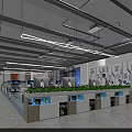 Modern Open Office Space With Workstations Green Plants Computers And Linear Lights 3d model