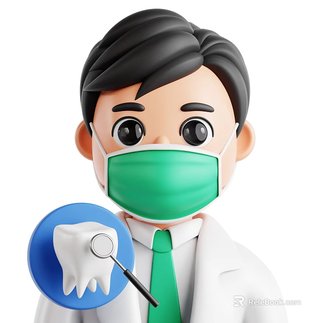 Man Wearing Green Mask White Coat And Green Tie Holding Dental Tools With Tooth Model 3d model 
