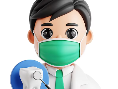 Man Wearing Green Mask White Coat And Green Tie Holding Dental Tools With Tooth Model 3d model