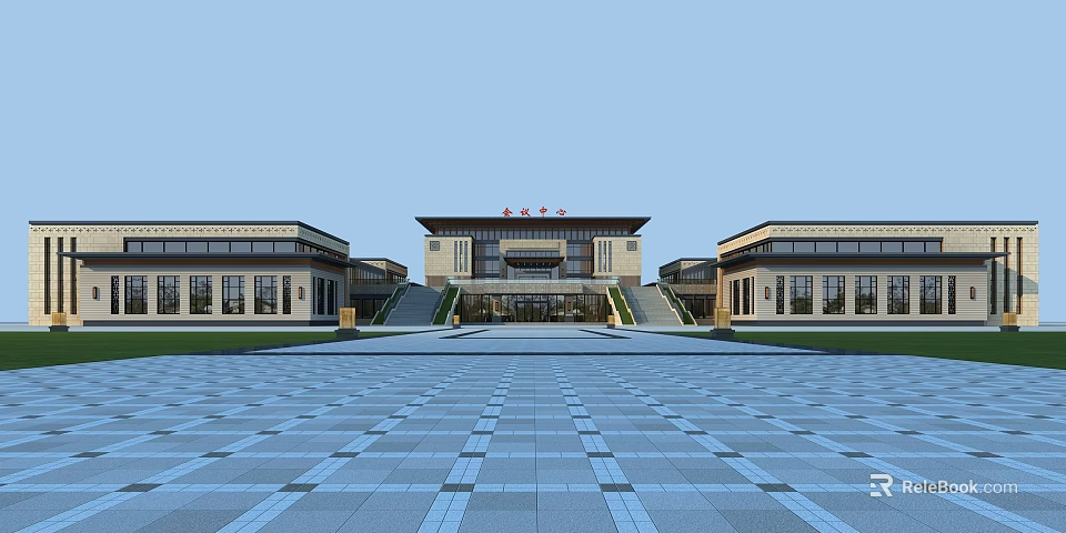 Grand Symmetric Building With Traditional Modern Design Main Entrance And Plaza 3d model 