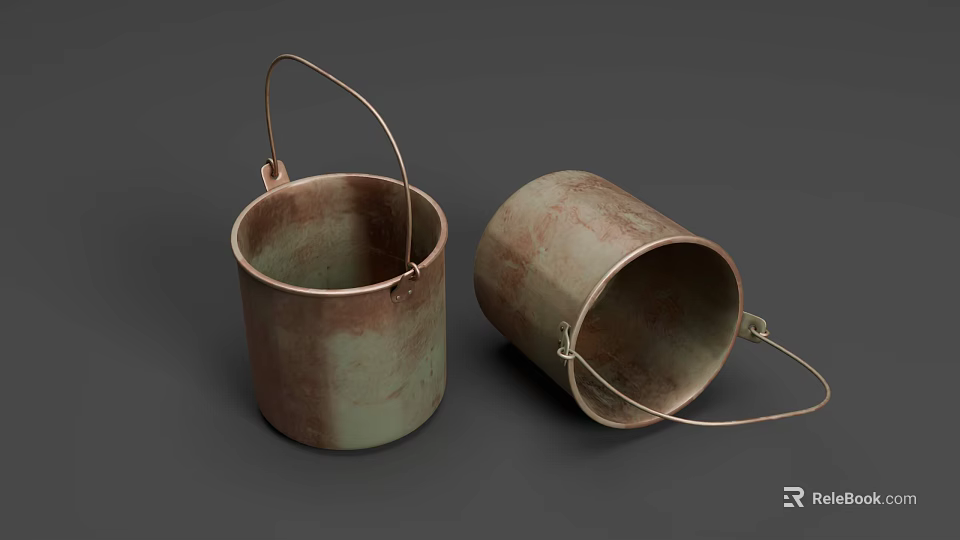 Two Rustic Agricultural Metal Buckets With Handles For Farm Use 3d model 