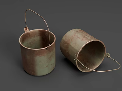 Two Rustic Agricultural Metal Buckets With Handles For Farm Use 3d model