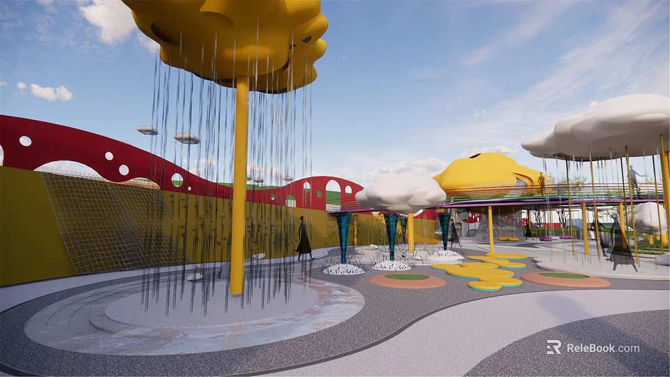 Fun Colorful Kids Playground With Yellow Cloud Structures Red Arches And Raindrop Decorations 3d model 