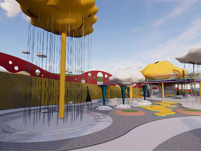 Fun Colorful Kids Playground With Yellow Cloud Structures Red Arches And Raindrop Decorations 3d model