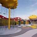Fun Colorful Kids Playground With Yellow Cloud Structures Red Arches And Raindrop Decorations